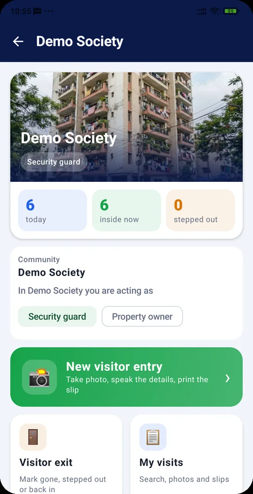 SuperGuard guard app home with today's visitor counts