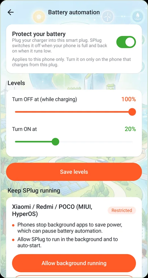 SPlug battery automation screen with off and on levels