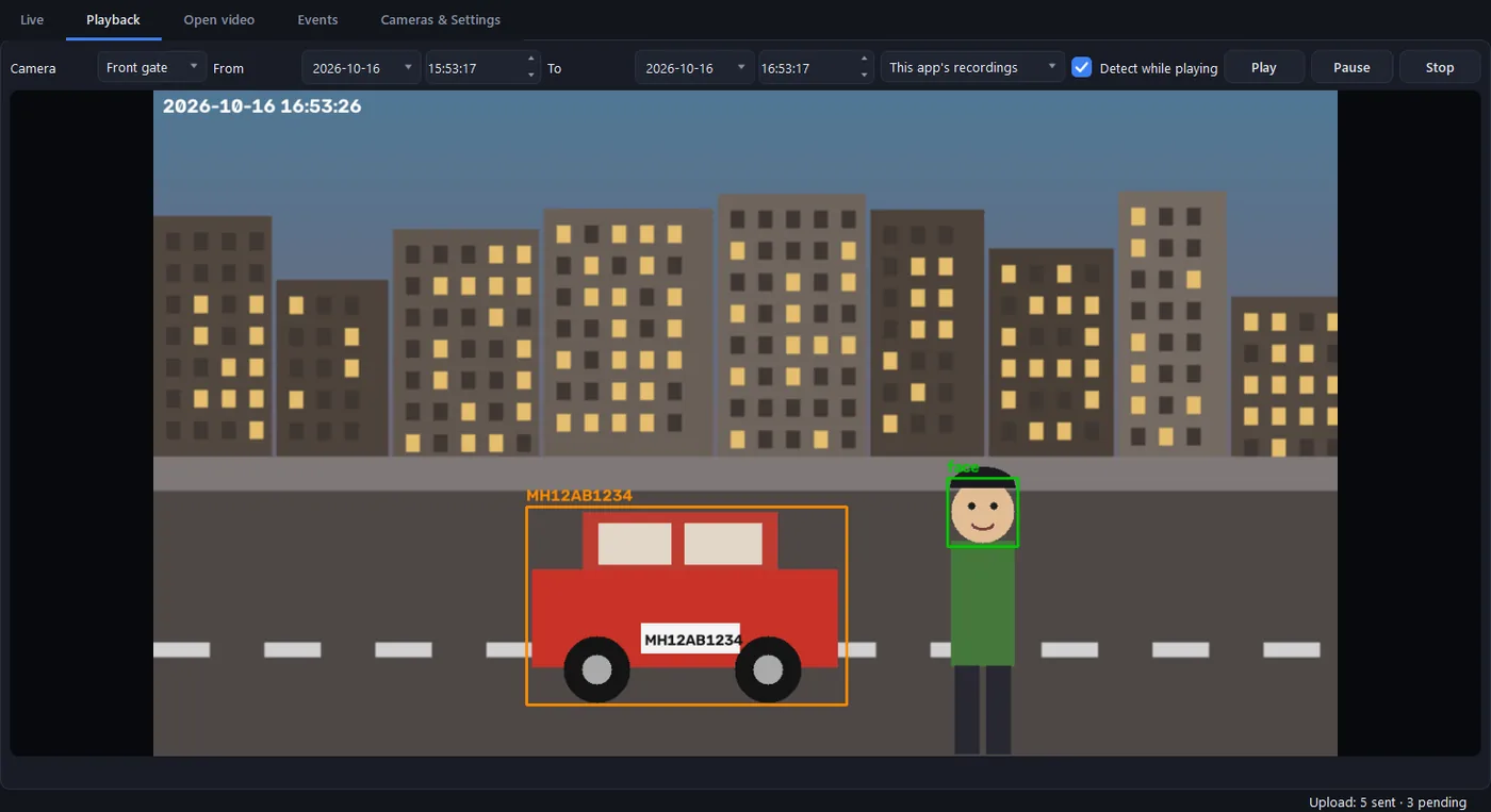 Playback view with a vehicle, its number plate and a person detected